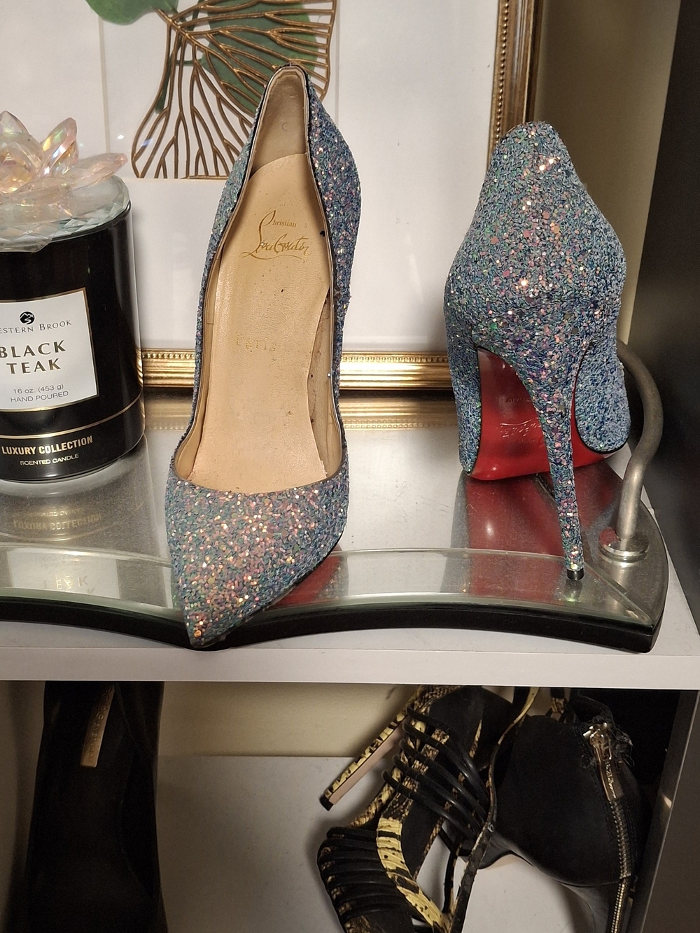 Christian Louboutin Blue Glitter Pointed Toe Stiletto Pumps with Red Sole